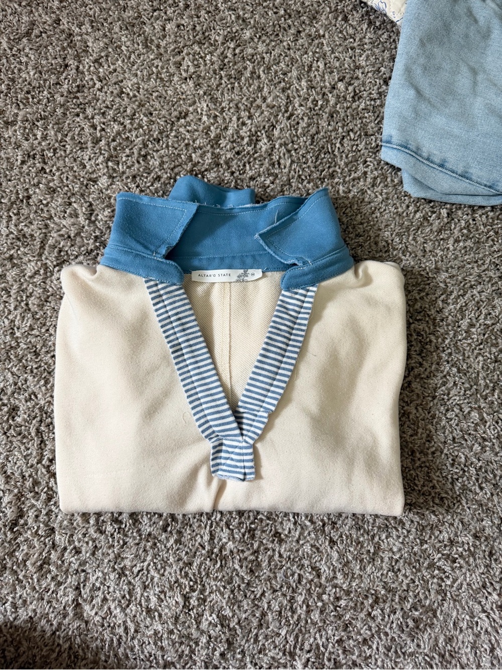 Altar'd State Cream Sweater with Blue Collar and Striped Tie